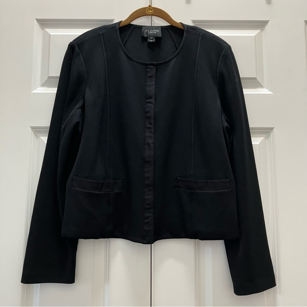 St. John Caviar Milano Knit Jacket Blazer Wool Blend Zip Ribbon Black size 14
